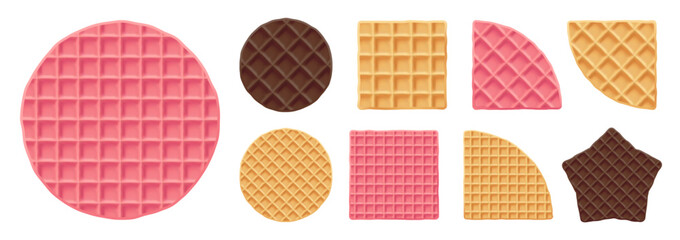 Obraz premium Round chocolate waffle cracker pancakes, pink square waffle. Brunch pattern with chocolate stroopwafel creamy biscuit, circle or star shape vector. Dutch coffles texture of realistic 3d graham cookies
