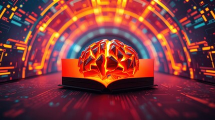Obraz premium Open book emits glowing brain shape. Digital circuitry surrounds it, creating futuristic tunnel effect. Intense colors dominate scene.