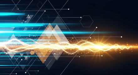 Obraz premium Abstract High-Speed Technology Background with Glowing Data Streams, Geometric Shapes, and Golden Light Wave
