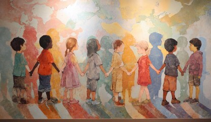 Obraz premium Vibrant mural depicting diverse children holding hands in bright colors and playful style