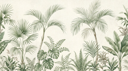 Vintage tropical wallpaper border with palm trees and ferns, botanical jungle mural illustration, green exotic foliage on beige background © T_H_E_A_R_T_I_S_T