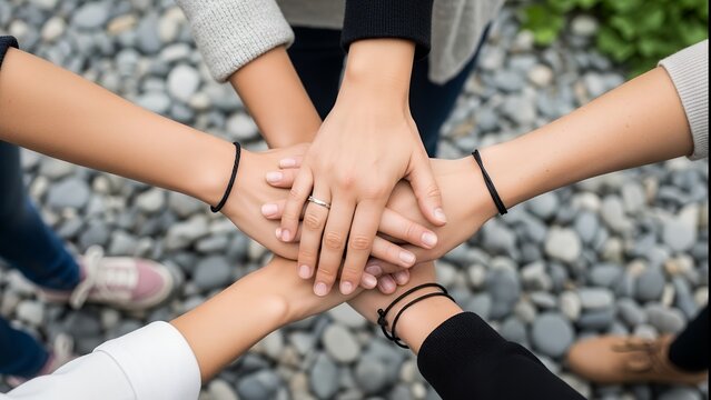 Diverse group of people stacking hands together in a circle, symbolizing unity and teamwork.