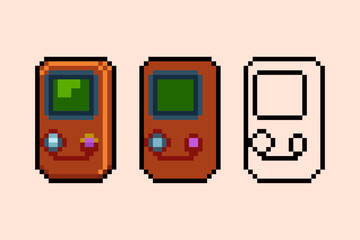 Retro Handheld Game Console Pixel Art Asset Set. A set of retro handheld video game console illustrations in 2D pixel art style. Features three variations. © Shopiyah
