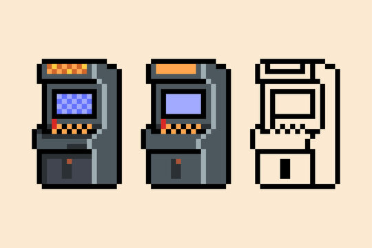 Retro Arcade Machine Cabinet Pixel Art Sprite Set. A 2D pixel art asset featuring a classic retro arcade game machine cabinet. The set includes three variations.