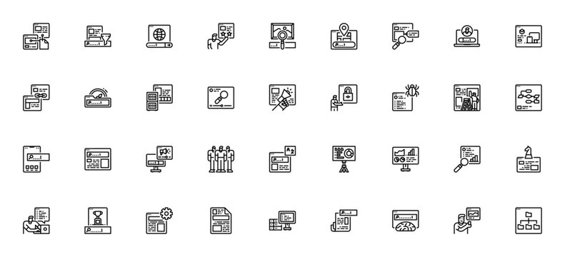 Search Engine Optimization icon set. Minimal thin line web icons set. Vector illustration. SEO icon pack. Featuring keyword, user, website, backlink, searching and more.