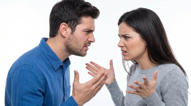 A man and a woman are in a heated argument, gesturing with their hands and looking at each other with angry expressions.