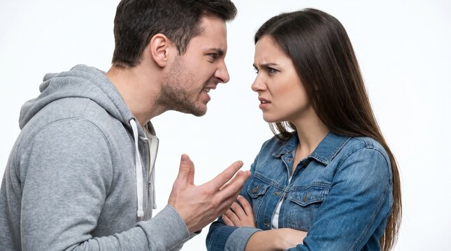 A man and a woman are in a heated argument, with angry expressions and gestures, against a plain white background.