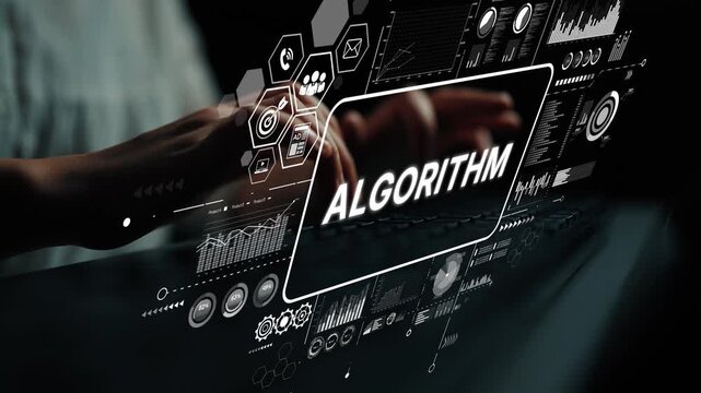 Digital representation of algorithm with computer interface and data analysis over a blurred background of hands typing. Asymptotic smart data analytic.