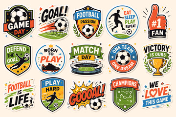 Naklejka premium Collection of soccer and football related emblems, badges, and stickers for sports enthusiasts and event promotions