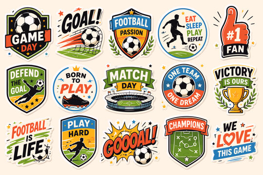 Collection of soccer and football related emblems, badges, and stickers for sports enthusiasts and event promotions