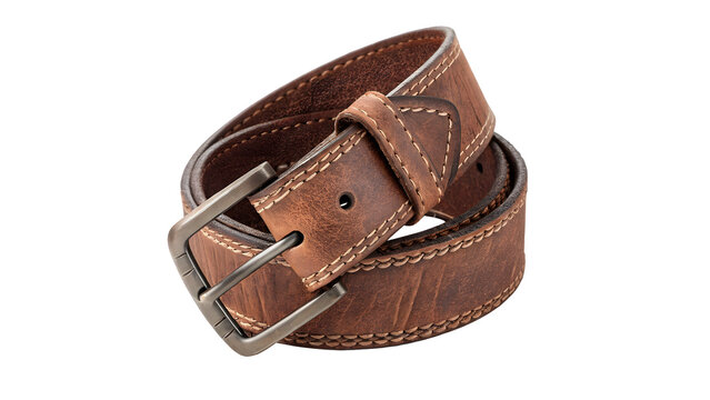 Durable brown leather men waist belt rolled neatly with a classic metallic buckle on transparent background