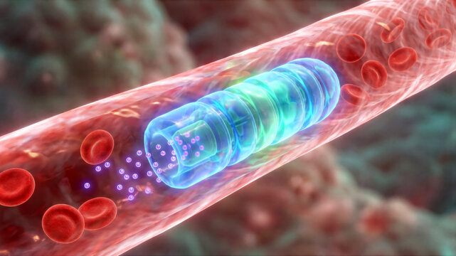 Microscopic 3D render of soft robotic micro bot navigating through a blood vessel for targeted drug delivery