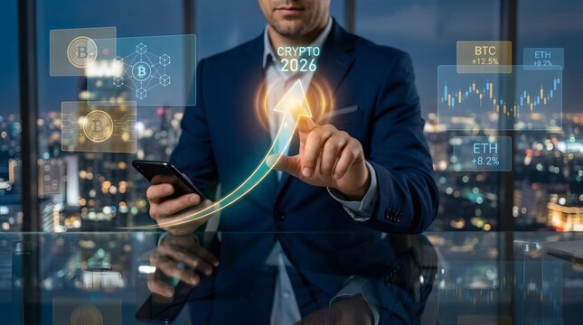 Man Interacting With Cryptocurrency Data Visualization In A Cityscape Setting digital currency bitcoin ethereum blockchain financial technology fintech