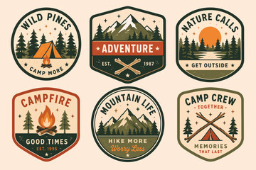Naklejka premium Camping and Outdoor Adventure Patches with Mountain, Forest, and Campfire Illustrations