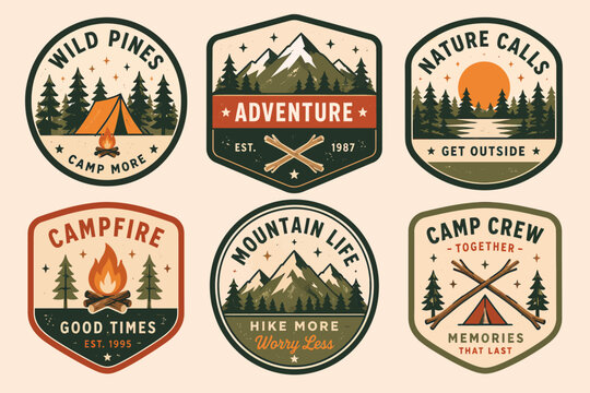 Camping and Outdoor Adventure Patches with Mountain, Forest, and Campfire Illustrations