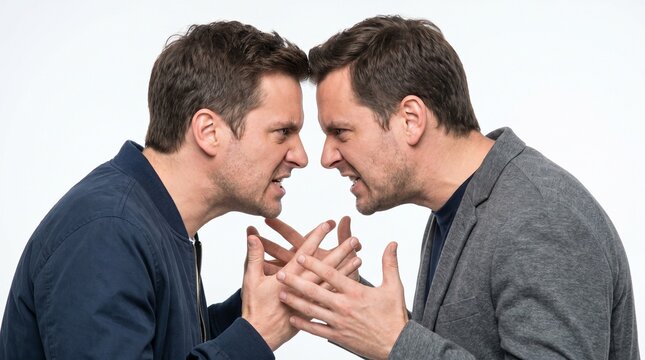 Two angry men with aggressive expressions confront each other head-to-head, showing intense conflict and frustration.