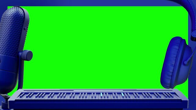 Person working on laptop with vibrant green screen reflection in dark studio