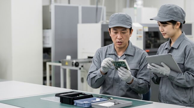 製造業の現場で電子基板の組み立て手順についてベテランからOJT研修を受ける女性作業員