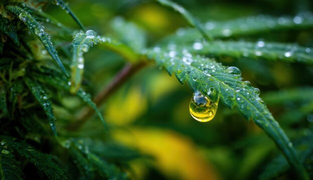 Water droplets on vibrant green leaves showcasing detailed texture and natural glossy appearance