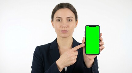 Naklejka premium A serious businesswoman in a dark suit points to a green screen on a smartphone she holds up.