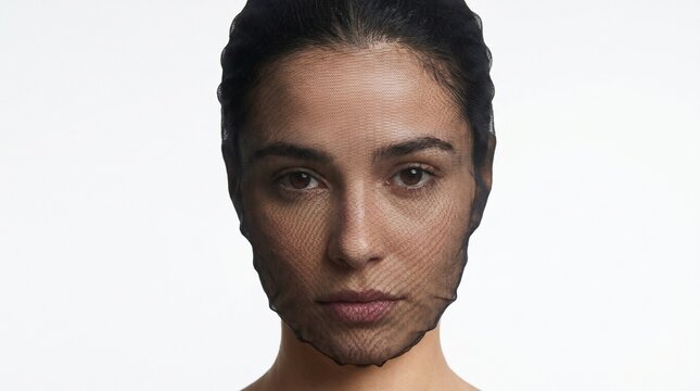 Close-up portrait of a woman with dark hair wearing a sheer black mesh net over her face against a white background.