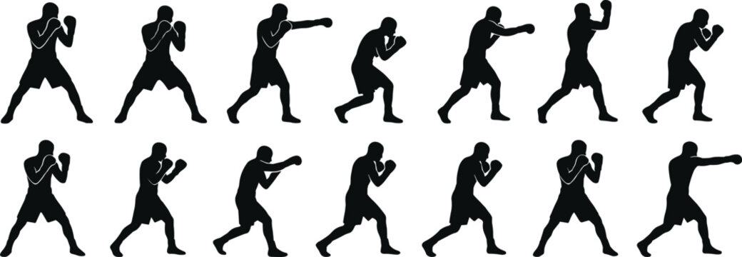 Boxer silhouette collection with fighting punching and defensive action poses isolated on white background