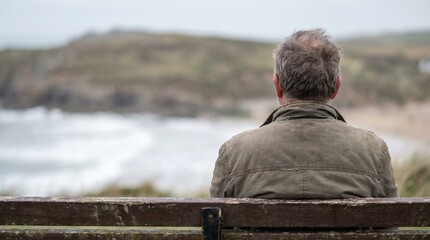 Fototapeta premium An older man sits on a wooden bench, looking out at a cloudy coastal landscape with a beach and hills in the distance.