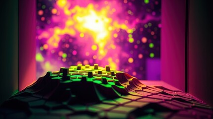 Obraz premium Abstract polygonal landscape glows. Vibrant colors suggest cosmic energy, futuristic city, or digital dreamscape. Dramatic lighting creates depth.