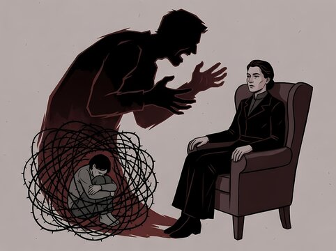 A woman sits in a chair confronting her looming dark shadow, while her wounded inner self cowers inside a thorn cage, powerfully depicting trauma, inner conflict, and psychological healing.