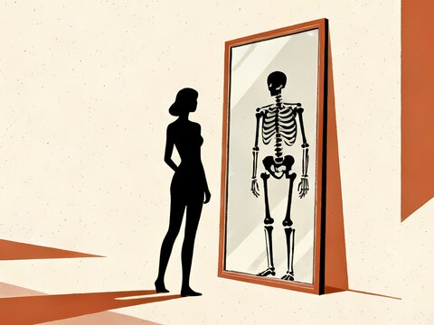 A woman's silhouette stands before a mirror reflecting a skeleton, symbolizing distorted body image, anorexia, and society's dangerous obsession with extreme thinness.