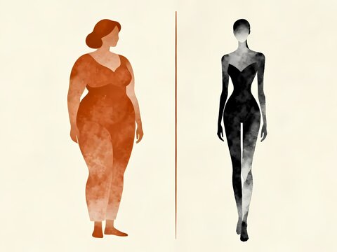 Two contrasting female silhouettes divided by a line depict a plus-size woman versus an ultra-slim figure, critiquing unrealistic beauty standards and celebrating body diversity.
