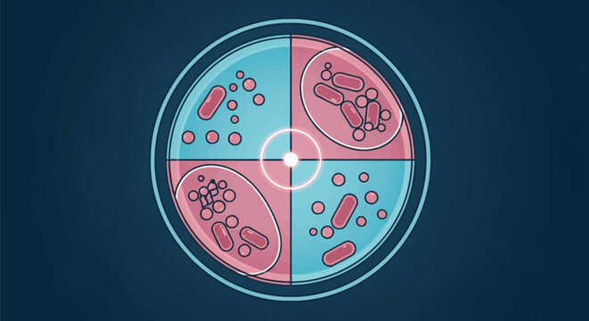 Vector illustration of a petri dish divided into four quadrants showing different bacterial colonies, including bacilli and cocci, representing antibiotic susceptibility testing.
