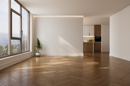 Modern bright interior empty room with large window, wood floor, clean wall and open kitchen. Mock up. Suitable for interior rooms furniture template. 3d Render