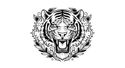 Obraz premium Fierce Tiger Head Tattoo Design, Roaring Animal Art, Black and White