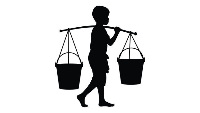Silhouette of a boy carrying buckets on a yoke black and white graphic