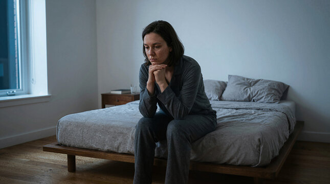 Sad and worried woman sitting on edge of bed alone in dark bedroom with insomnia