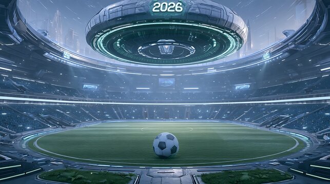 Futuristic stadium with flying saucer and soccer ball in center