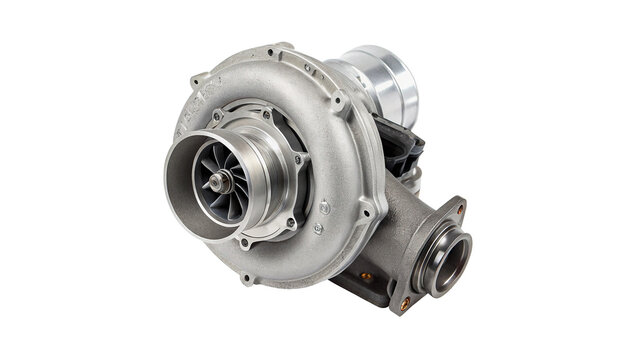 Professional shiny chrome metallic automotive turbocharger or engine turbo component for vehicle power tuning on transparent background