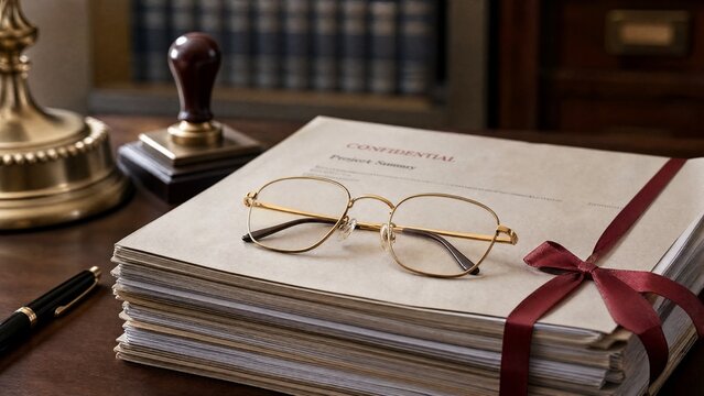 dossier. Gold-rimmed eyeglasses resting on a dossier tied with a red ribbon. pitch deck slides, case study pages, designed for enterprise HRIS and productivity software interfaces.