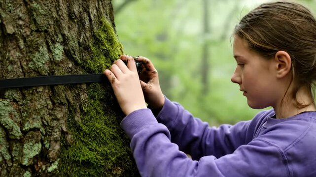 Girl installs trail camera on tree with moss in forest for wildlife monitoring. Young researcher sets camera on tree. Girl attaches trail device to moss bark. Forest camera setup continues.