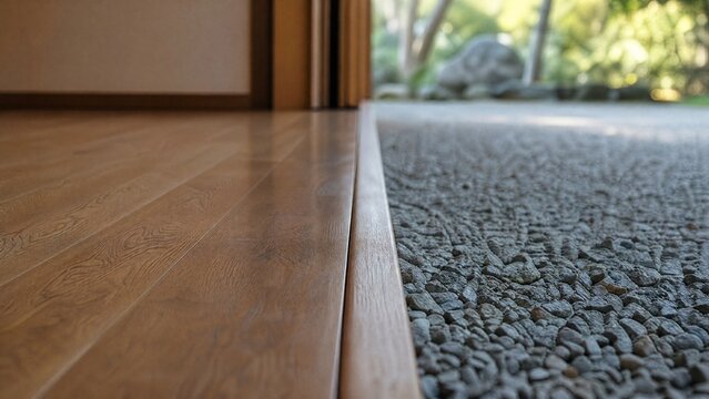 floorboards. Wooden boundary line dividing polished floorboards from rough gravel. real-estate listings, architecture portfolios, designed for real-estate listing and luxury residence showcases.