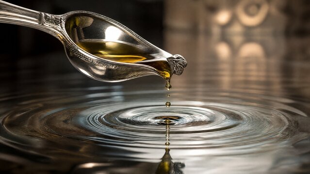 anointing. Silver spoon dripping olive oil onto water, creating concentric rings. STEM education sheets, lab safety posters, designed for STEM education and laboratory safety posters.