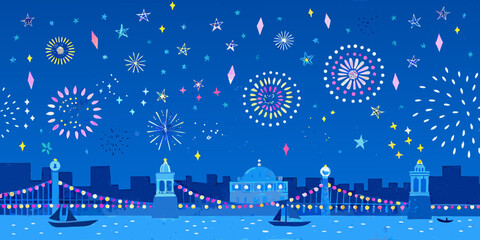 Fireworks and city skyline vector illustration with a dark blue background © Raju