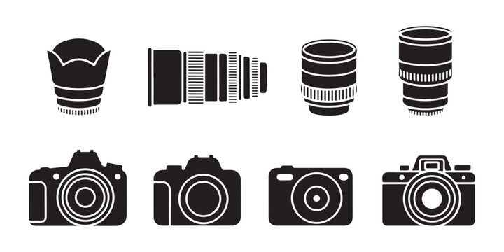 Camera and lens icon set isolated on transparent background with professional photography equipment collection.