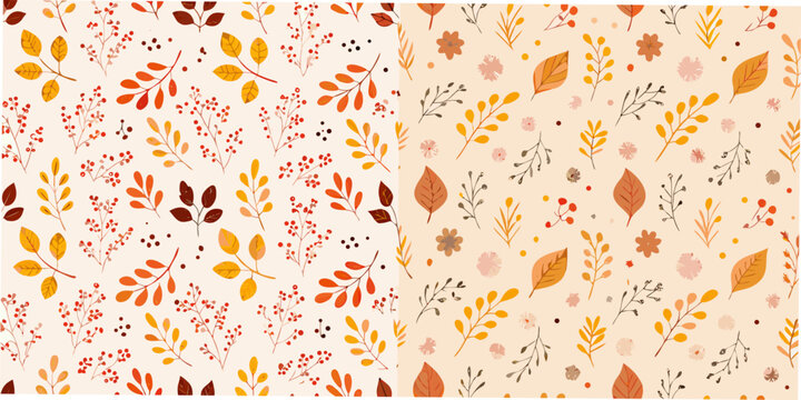 Autumn leaves and botanical ornament repeating vector pattern on a peach background