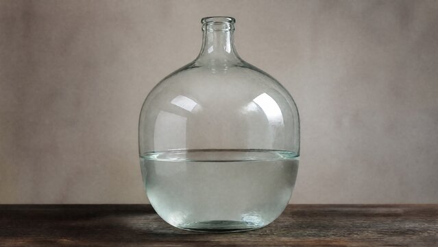 carboy. Round glass carboy with water on wooden shelf, simple purity concept. lifestyle magazines, social media lookbooks, designed for lifestyle magazines and social media content.