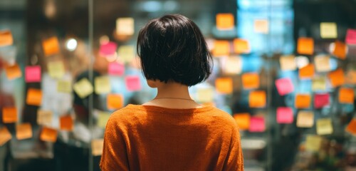 Fototapeta premium Woman with short black hair standing in front of a glass wall covered with colorful sticky notes