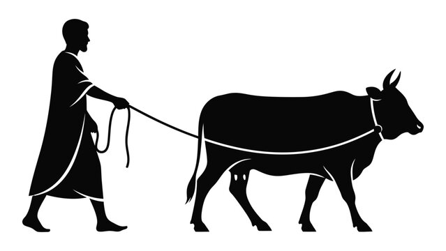 Silhouette Of Farmer Leading Oxen Black And White Graphic husbandman peasant cattle
