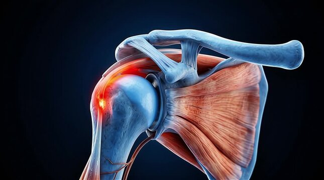 3D Medical Animation Shoulder Joint Rotator Cuff Tear Inflammation Glowing Red Humerus Muscle Tendon Ligament Clavicle Scapula Dark Blue Background