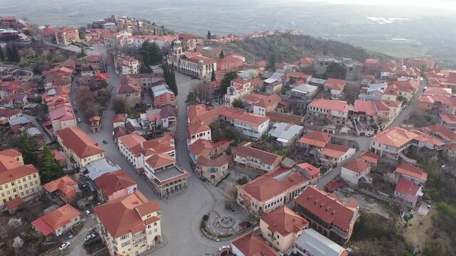 Top view of the small tourist town of Sighnaghi, located on the slope of a cliff in the eastern part of the country of Georgia.